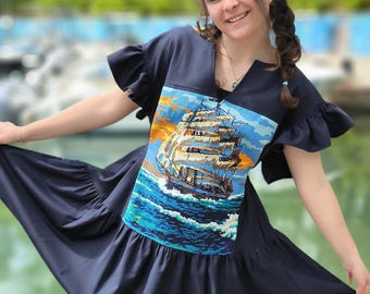 Embroidered Navy Wool Dress, Autumn Mini Dress with Pockets, S-3XL