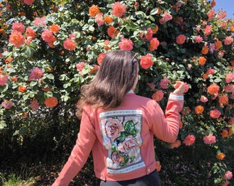 Embroidery Rose Denim Jacket: Upcycled Tapestry Jacket, Embroidered Floral Patch