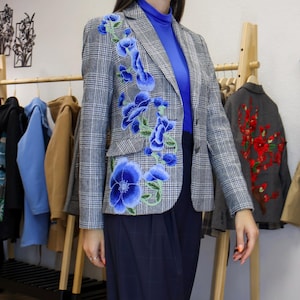 Blazer de lana a cuadros bordados talla XS, Blazer entallado para mujer