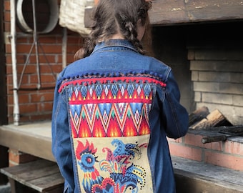 Ethnic Jacket: Long Denim Jacket, Upcycled Tapestry Boho Coat M