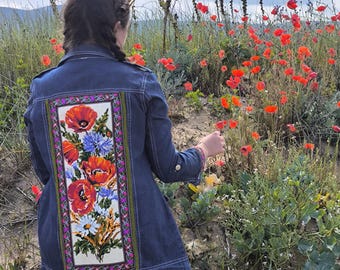 Long Denim Jacket S: Upcycled Floral Tapestry Patchwork, Embroidered Boho Jean Jacket