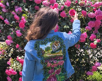 Embroidery Rose Denim Jacket: Upcycled Tapestry Jacket, Embroidered Floral Patch