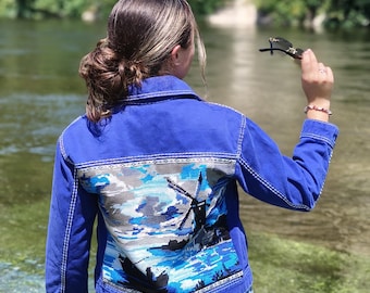 Embroidery Lake Denim Jacket: Vintage Embroidered Tapestry, Boho Patchwork Coat
