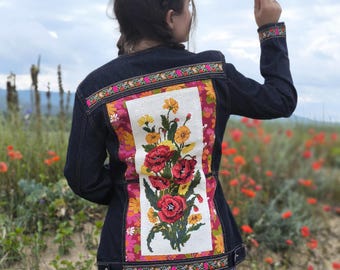 Long Denim Jacket M: Upcycled Floral Tapestry Patchwork, Embroidered Boho Jean Jacket