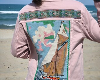 Embroidered Tapestry Denim Jacket: Patchwork Jean Jacket with Jacquard Lace Decoration
