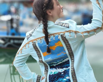 Embroidered Tapestry Denim Jacket: Patchwork Jean Jacket with Shell Accents