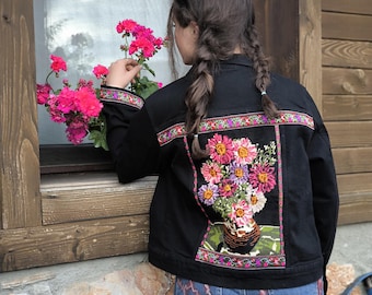 Black Crop Denim Jacket M-L: Upcycled Tapestry Patchwork, Embroidered Jean Jacket