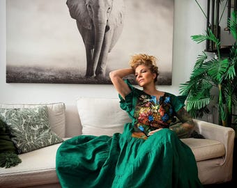 Long Summer Dress: Embroidered Tapestry Dress, Flower Green Sundress with Pockets
