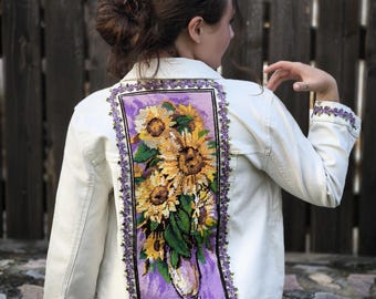 White Denim Jacket: Upcycled Tapestry, Embroidery Birds, Vintage Boho Style