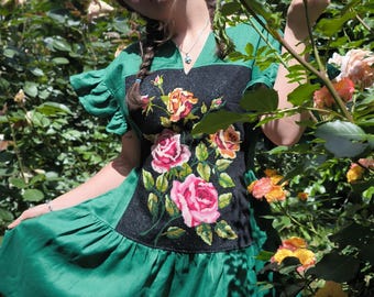 Embroidered Linen Mini Dress: Flower Green Sundress with Pockets