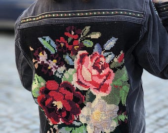 Warme Winter Steppjacke: Handbestickte Jeansjacke