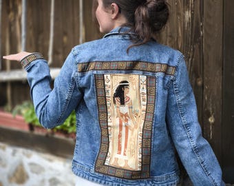 Embroidered Denim Jacket: Upcycled Patchwork Jean Coat (S), Egyptian Embroidery