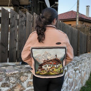Vintage Embroidered Denim Jacket: Upcycled Tapestry Mountain Hut