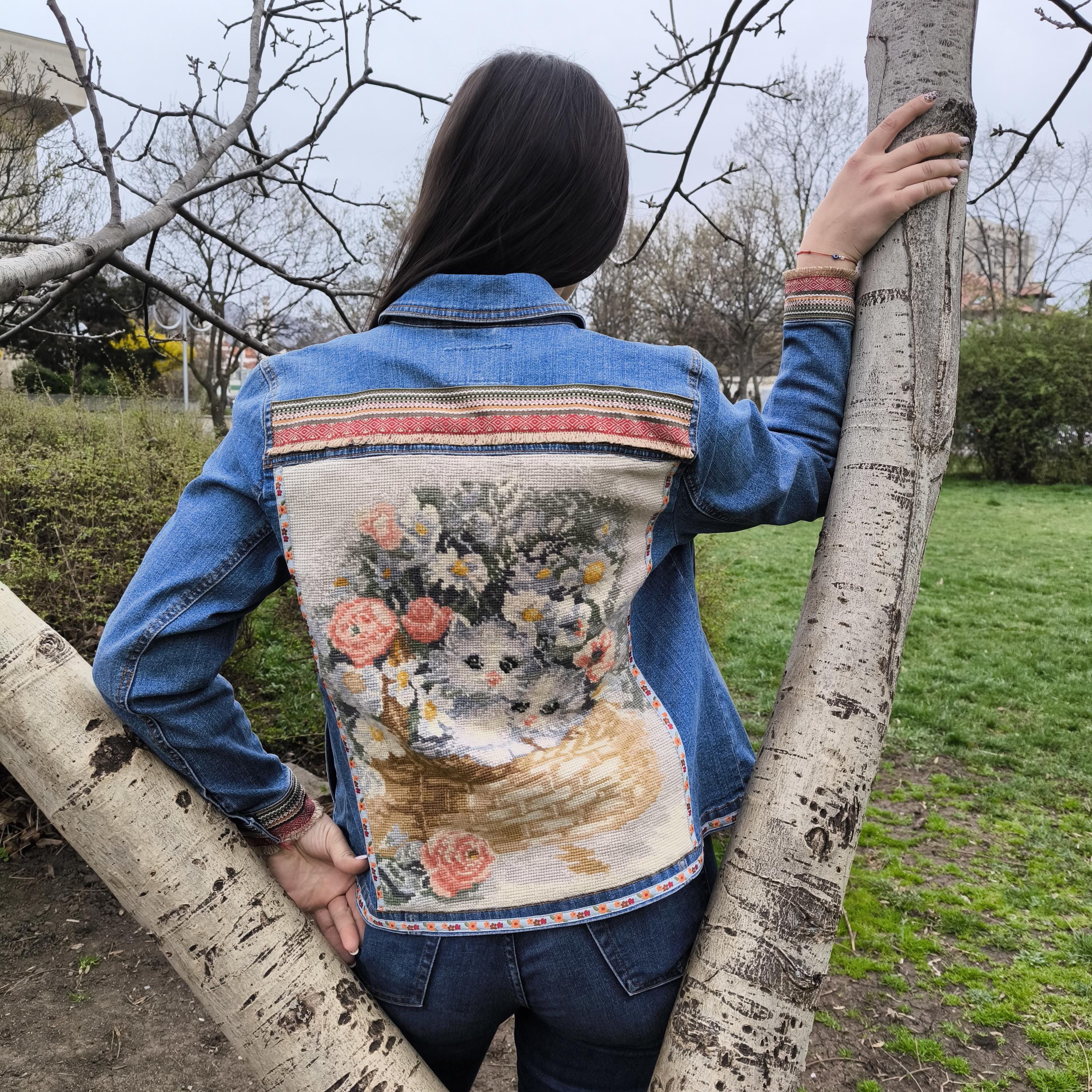 Upcycled Denim Jacket: Vintage Tapestry Embroidery, Boho Patchwork Coat ...