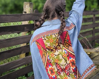 Ethnic Jacket: Long Denim Jacket, Upcycled Tapestry Boho Coat XL