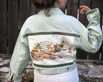 Cropped Denim Jacket: Vintage Tapestry Embroidery, Jacquard Lace Trim, size S