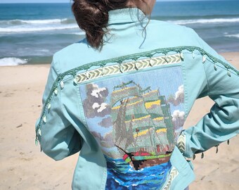 Embroidered Tapestry Denim Jacket: Patchwork Jean Jacket with Shell Accents