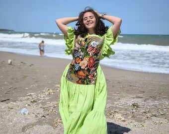 Embroidered Linen Maxi Dress: Boho Tapestry Patchwork Sundress
