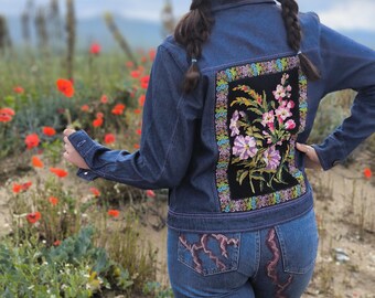 Cropped Jean Jacket S: Upcycled Tapestry Patchwork, Embroidered Denim Jacket