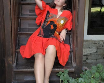 Red Linen Embroidered Dress: Boho Chic Patchwork Sundress, S-3XL