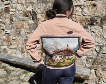 Pink Denim Jacket: Vintage Embroidered Tapestry, Boho Patchwork Coat