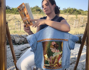 Womans Denim Vest, Embroidered Denim Vest: Upcycled Tapestry Jacket, Embroidered Floral Patch