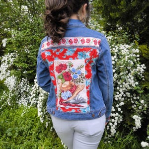 Embroidered Denim Jacket: Upcycled Tapestry Patchwork, Vintage Style