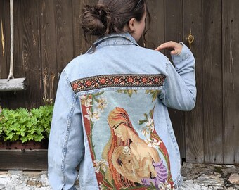 Embroidered Denim Jacket: Upcycled Tapestry Patchwork, Boho Slow Fashion