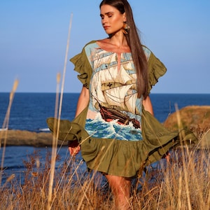 Embroidered Linen Dress: Boho Chic Green Sundress, S-3XL