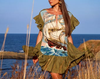 Ocean Linen Dress: Tapestry Green Sundress, S-3XL