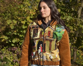 Hand-Embroidered Tapestry Jacket: Upcycled Corduroy Padded Hoodie