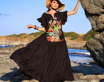 Embroidered Linen Maxi Dress: Boho Tapestry Patchwork Sundress (S-3XL)