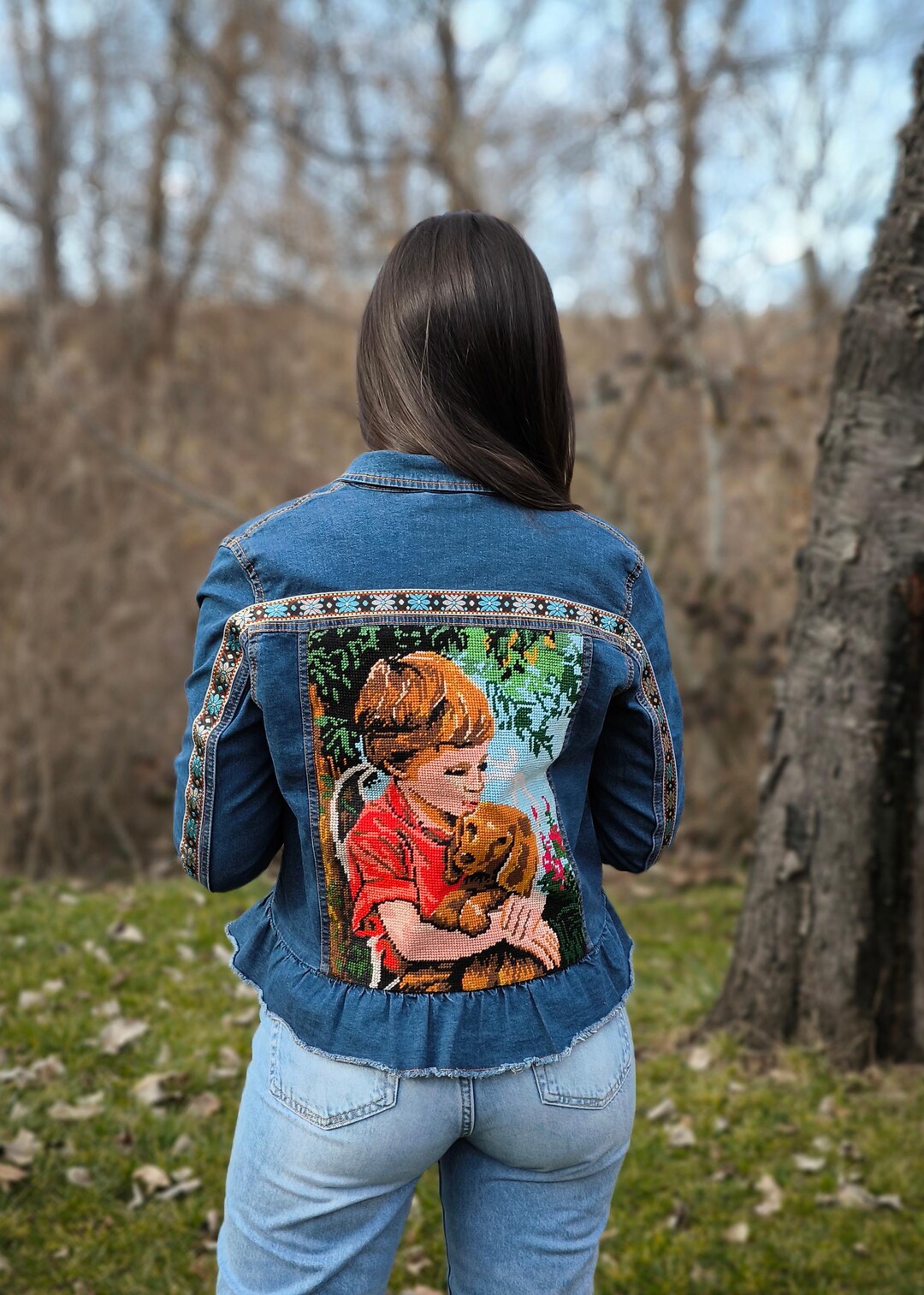 Upcycled Denim Jacket: Vintage Tapestry Embroidery, Boho Patchwork Coat ...