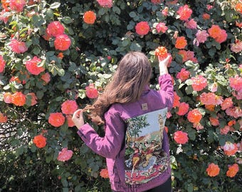Spanish Dancers Denim Jacket L: Upcycled Tapestry Patchwork Trench, Embroidered Jean Jacket