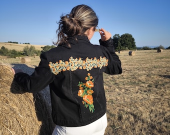 Black Jean Jacket L: Upcycled Tapestry Patchwork, Embroidered Denim Jacket