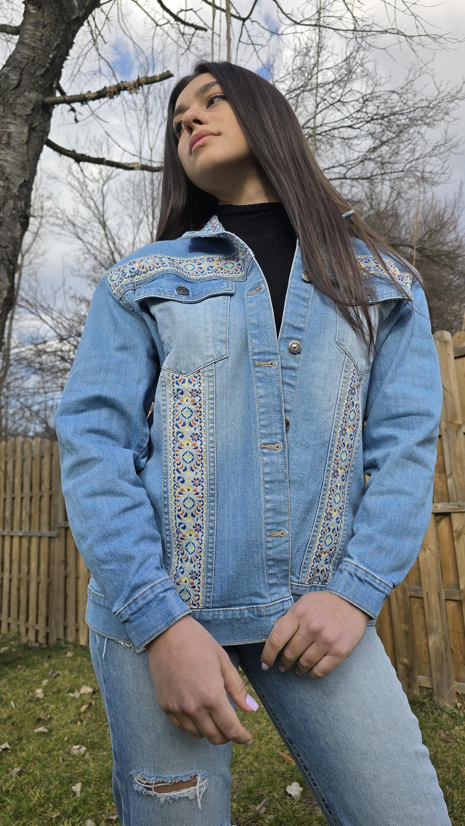 Denim Jacket, Denim Trench Coat With Back Embroidery, Sustainable ...