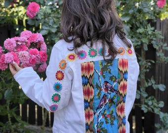 White Denim Jacket: Ethnic Jacket, Upcycled Tapestry, Embroidery Birds, Vintage Boho Style