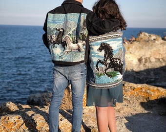 Återvunna denimjackor för par: Broderad gobeläng, vintagelappsmönster