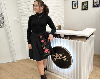 Minifalda de lana bordada a mano, detalle de tapiz, solapa ajustable, tallas L-3XL