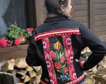 Embroidered Tapestry Denim Jacket: Upcycled Tapestry Boho Coat L