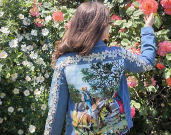 Cropped Denim Jacket size M: Upcycled Tapestry Patchwork, Embroidered Jean Jacket