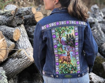 Fitted Denim Jacket: Upcycled Patchwork Jean Coat (XS and S), Deer Embroidery