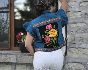 Embroidery Rose Denim Vest: Upcycled Tapestry Jacket, Embroidered Floral Patch