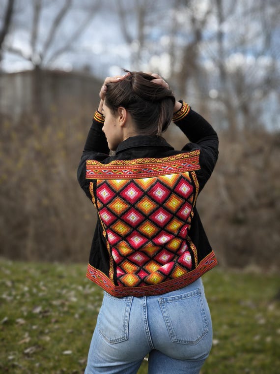 Black Denim Jacket: Vintage Embroidered Tapestry, Boho Patchwork