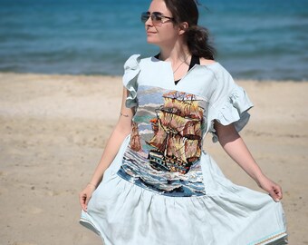 Ocean Linen Dress: Sea Tapestry Sundress with Pockets