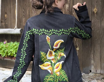 Long Denim Jacket L: Upcycled Floral Tapestry Patchwork, Embroidered Boho Jean Jacket