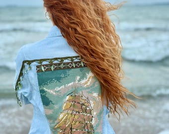 Embroidered Tapestry Denim Jacket: Patchwork Jean Jacket with Shell Accents