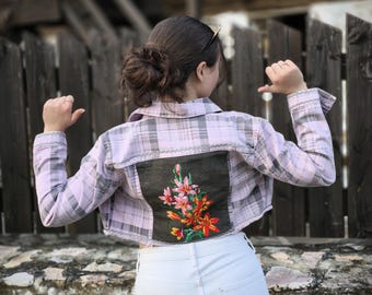 Pink Denim Jacket: Vintage Embroidered Tapestry, Boho Patchwork Coat