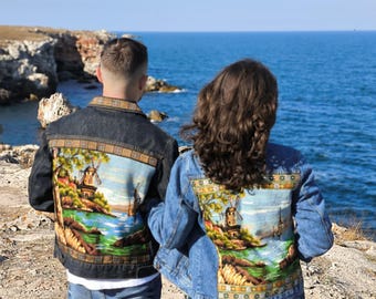 Återvunnen denimkavaj för par: Broderad gobeläng, vintagelappsmönster