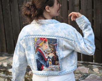 Yorkie Cropped Denim Jacket: Vintage Tapestry Embroidery, Jacquard Lace Trim, size M